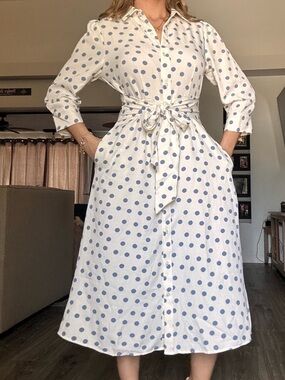 White and Blue Polka Dot Shirt Dress with Tie Waist